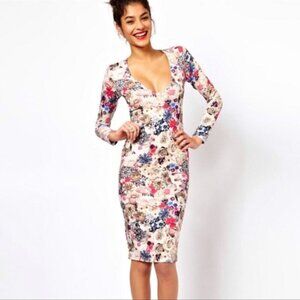 Asos Curve Jewel Flower Print V-Neck Coquette Bodycon Cottagecore Midi Dress 16